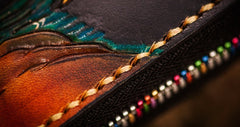 Handmade Leather Tooled Yellow Jambhala Mens Chain Biker Wallet Cool Leather Wallet Zipper Long Phone Wallets for Men