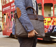 Mens Gray Canvas Leather Briefcase Handbag Work Bag Business Bag for Men - iwalletsmen