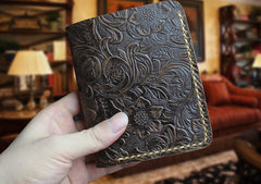 Handmade Leather Floral Mens Cool Slim Leather Wallet Men billfold Wallets Bifold for Men