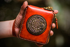 Handmade Leather Small Tibetan Tooled Mens billfold Wallet Cool Chain Wallet Biker Wallet for Men