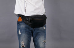 Black Mens Leather Fanny Packs Mens Waist Bag Black Hip Pack Belt Bag Chest Bag for Men - iwalletsmen