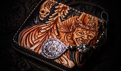 Handmade Leather Chinese Black&White Tooled Mens billfold Wallet Cool Leather Wallet Slim Wallet for Men