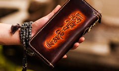 Handmade Leather Mens Tooled Eagle Chain Biker Wallet Cool Leather Wallet Long Clutch Wallets for Men