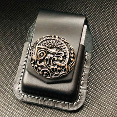 Black Handmade Leather Mens Indian Skull Zippo Lighter Holders Lighter Case For Men - iwalletsmen