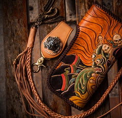Handmade Leather Tooled Mahākāla Mens Chain Biker Wallet Cool Leather Wallet Long Clutch Wallets for Men