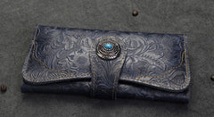 Handmade Leather Floral Mens Cool Travel Long Wallet Card Holder Card Slim Clutch Wallets for Men