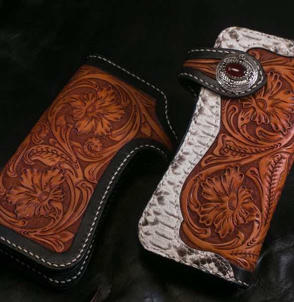 Handmade Tooled Red Leather Floral Biker Chain Wallet Mens Long