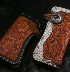 Handmade Mens Cool Tooled Boa Skin Floral Leather Chain Wallet Biker Trucker Wallet with Chain