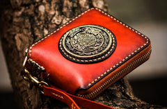 Handmade Leather Small Tibetan Tooled Mens billfold Wallet Cool Chain Wallet Biker Wallet for Men