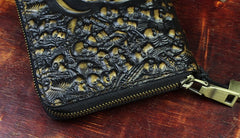 Handmade Leather Mens Tooled Skull Death Cool Zipper Phone Travel Long Wallet Card Holder Card Slim Clutch Wallets for Men