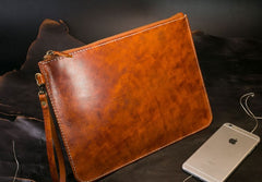 Handmade Leather Mens Clutch Cool Slim Wallet Zipper Clutch Wristlet Wallet for Men