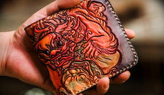 Handmade Leather Chinese Lion Tooled Mens billfold Wallet Cool Leather Wallet Slim Wallet for Men