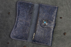 Handmade Leather Floral Mens Cool Travel Long Wallet Card Holder Card Slim Clutch Wallets for Men