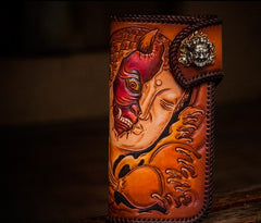 Handmade Leather Tooled Buddha&Demon Mens Chain Biker Wallet Cool Leather Wallet With Chain Wallets for Men