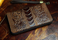 Handmade Leather Mens Tooled Floral Cool Zipper Phone Travel Long Wallet Card Holder Card Slim Clutch Wallets for Men