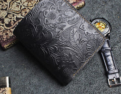 Handmade Leather Floral Mens Cool Slim Leather Wallet Men billfold Wallets Bifold for Men