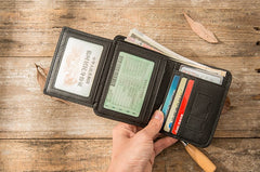 Black Cool Leather Mens Small Wallet Trifold Vintage billfold Wallet for Men - iwalletsmen
