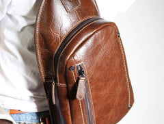 Genuine Leather Mens Cool Chest Bag Sling Bag Crossbody Bag Travel Bag Hiking Bag for men