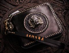 Handmade Leather Small Tooled Mens billfold Wallet Cool Chain Wallet Biker Wallet for Men