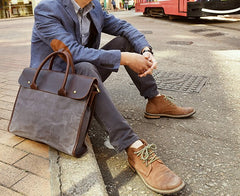 Mens Gray Canvas Leather Briefcase Handbag Work Bag Business Bag for Men - iwalletsmen