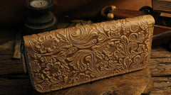 Handmade Leather Floral Floral Mens Cool Zipper Phone Travel Long Wallet Card Holder Card Slim Clutch Wallets for Men