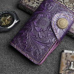 Handmade Leather Floral Mens Cool Key Wallet Wallet Card Holder Small Card Keychain Wallets for Men