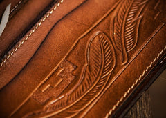 Handmade Leather Tooled Skull Indian Chief Biker Wallet Mens Cool billfold Chain Wallet Trucker Wallet with Chain
