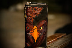 Handmade Leather Mens Tooled Eagle Chain Biker Wallet Cool Leather Wallet Long Clutch Wallets for Men