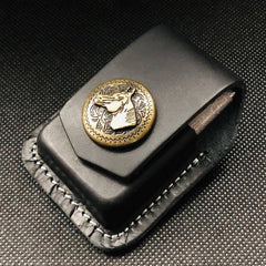 Black Handmade Leather Mens Cap Fish Zippo Lighter Holders Lighter Case For Men - iwalletsmen