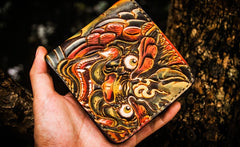 Handmade Leather Chinese Lion Tooled Mens billfold Wallet Cool Leather Wallet Slim Wallet for Men