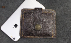 Handmade Leather Floral Mens Cool Front Pocket Wallet billfold Wallet Card Holder Small Card Slim Wallets for Men
