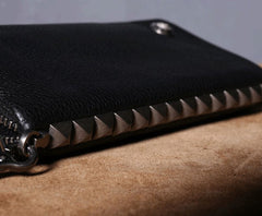 Genuine Leather Mens Cool Biker Chain Wallet Long Leather Wallet Clutch Wristlet Wallet for Men