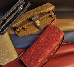 Handmade Leather Floral Mens Cool Travel Long Wallet Card Holder Card Slim Clutch Wallets for Men