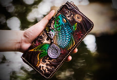 Handmade Leather Tooled Carp Mens Chain Biker Wallet Cool Leather Wallet Long Phone Wallets for Men
