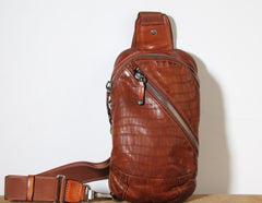 Handmade Genuine Leather Mens Cool Chest Bag Sling Bag Crossbody Bag Travel Bag Hiking Bag for men