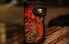 Handmade Leather Chinese Lion Mens Chain Biker Wallet Cool Leather Wallet With Chain Wallets for Men