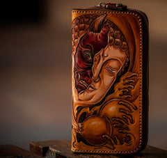 Handmade Leather Mens Clutch Wallet Cool Buddha&Demon Tooled Wallet Long Zipper Wallets for Men