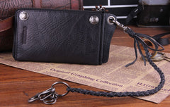 Genuine Leather Mens Cool Biker Chain Wallet Long Leather Wallet Slim Clutch Wristlet Wallet for Men