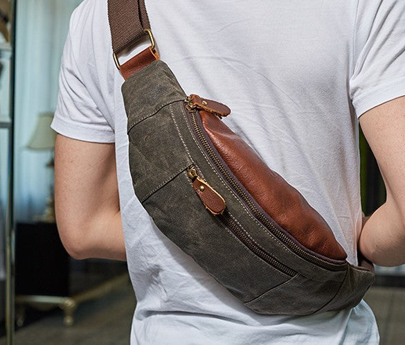 Canvas Leather Mens Fanny Pack Canvas Waist Bag Small Canvas Chest Bag for Men - iwalletsmen