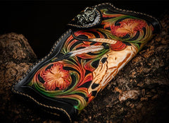 Handmade Leather Black Mens Tooled Skull Chain Biker Wallet Cool Leather Wallet Long Clutch Wallets for Men