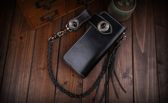 Handmade Leather Mens Cool Black Obsidian Chain Wallet Biker Trucker Wallet with Chain