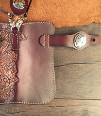 Handmade Leather Tooled Skull Mens Chain Biker Wallet Cool Leather Wallet Long Wallet for Men