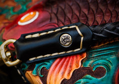 Handmade Leather Tooled Carp Mens Chain Biker Wallet Cool Leather Wallet Long Phone Wallets for Men