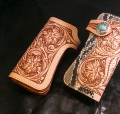 Handmade Mens Cool Tooled Boa Skin Floral Leather Chain Wallet Biker Trucker Wallet with Chain