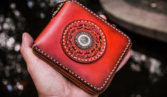Handmade Leather Small Tibetan Tooled Mens billfold Wallet Cool Chain Wallet Biker Wallet for Men