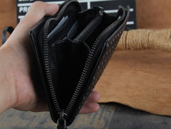 Genuine Leather Mens Cool Long Leather Wallet Zipper Clutch Wristlet Wallet for Men