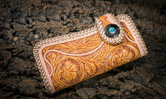 Handmade Mens Cool Tooled Floral Leather Chain Wallet Biker Trucker Wallet with Chain - iwalletsmen
