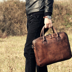 Genuine Leather Mens Vintage Gray Briefcase Shoulder Bag Work Bag Laptop Bag Business Bag for Men