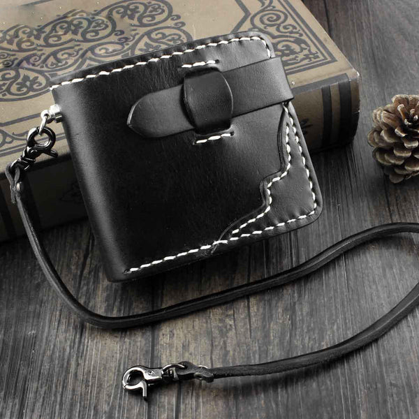 Handmade Black Leather Men's Small Biker Wallet Chain Wallet billfold Wallet with Chain For Men - iwalletsmen