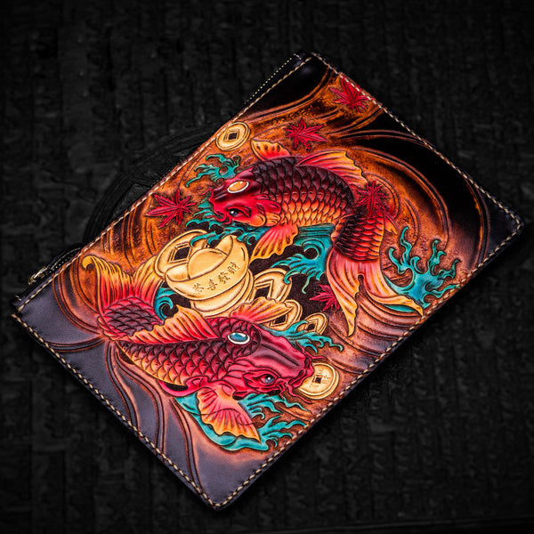 Handmade Leather Carp Tooled Wristlet Bag iPad Bag Mens Cool Leather Wallet Long Clutch for Men